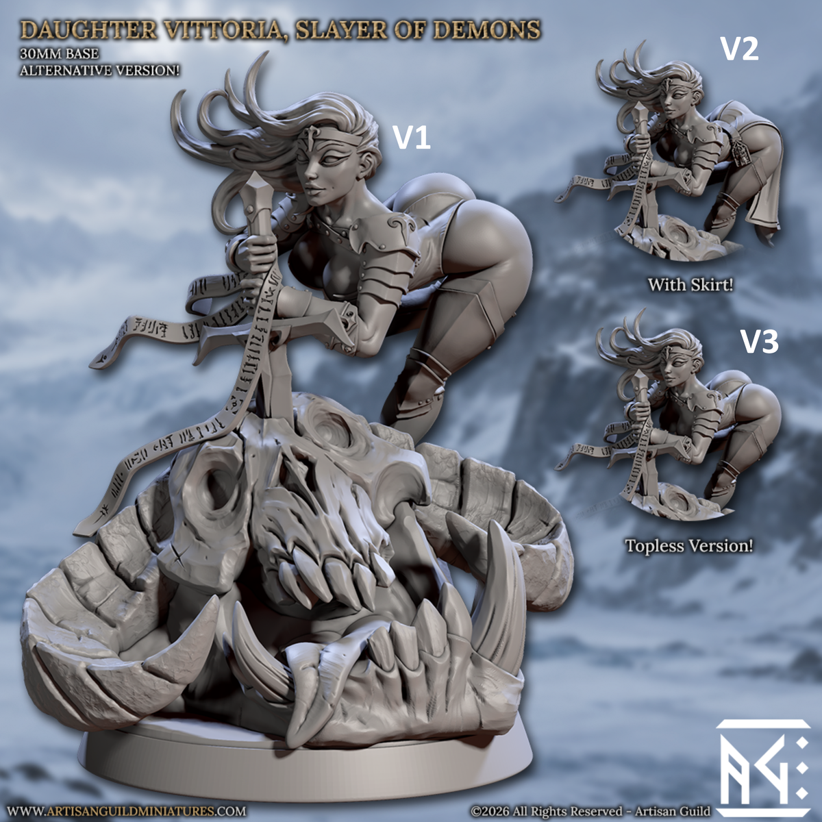 Daughter Vittoria, Slayer of Demons, PinUp-Miniatur von Artisan Guild, 3D-gedruckt – V1, V2 und V3