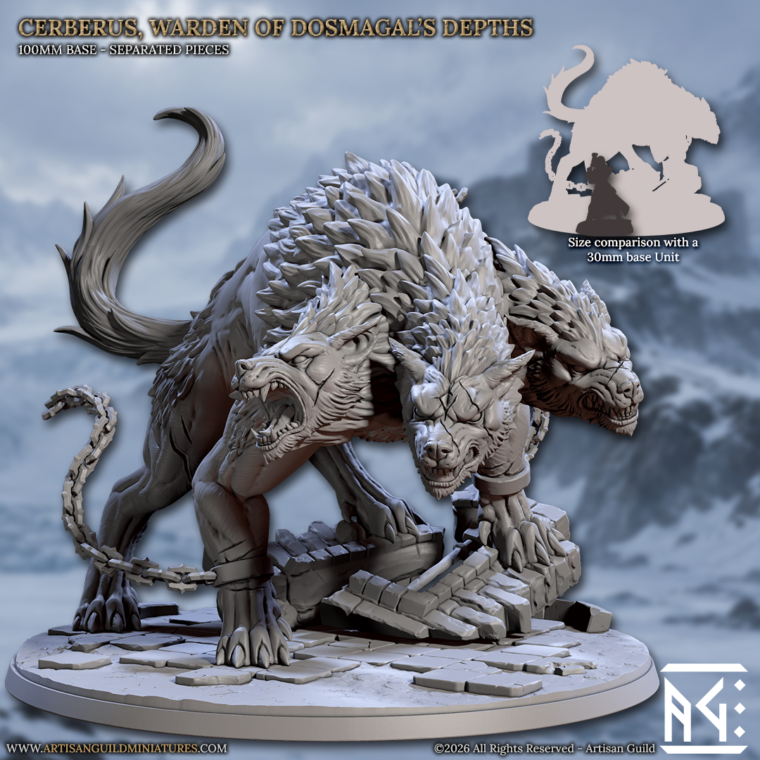 Cerberus, Warden of Dosmagal's Depths, große D&D-Miniatur von Artisan Guild, 3D-gedruckt