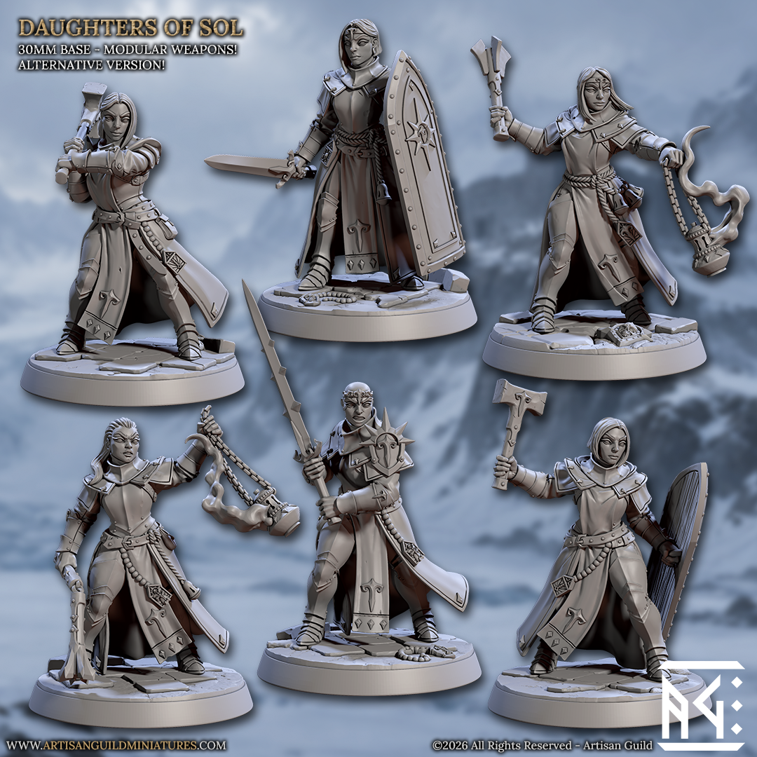 Daughters of Sol V2, Kriegerinnen-Miniaturen von Artisan Guild, 3D-gedruckt – alternative Version A bis F