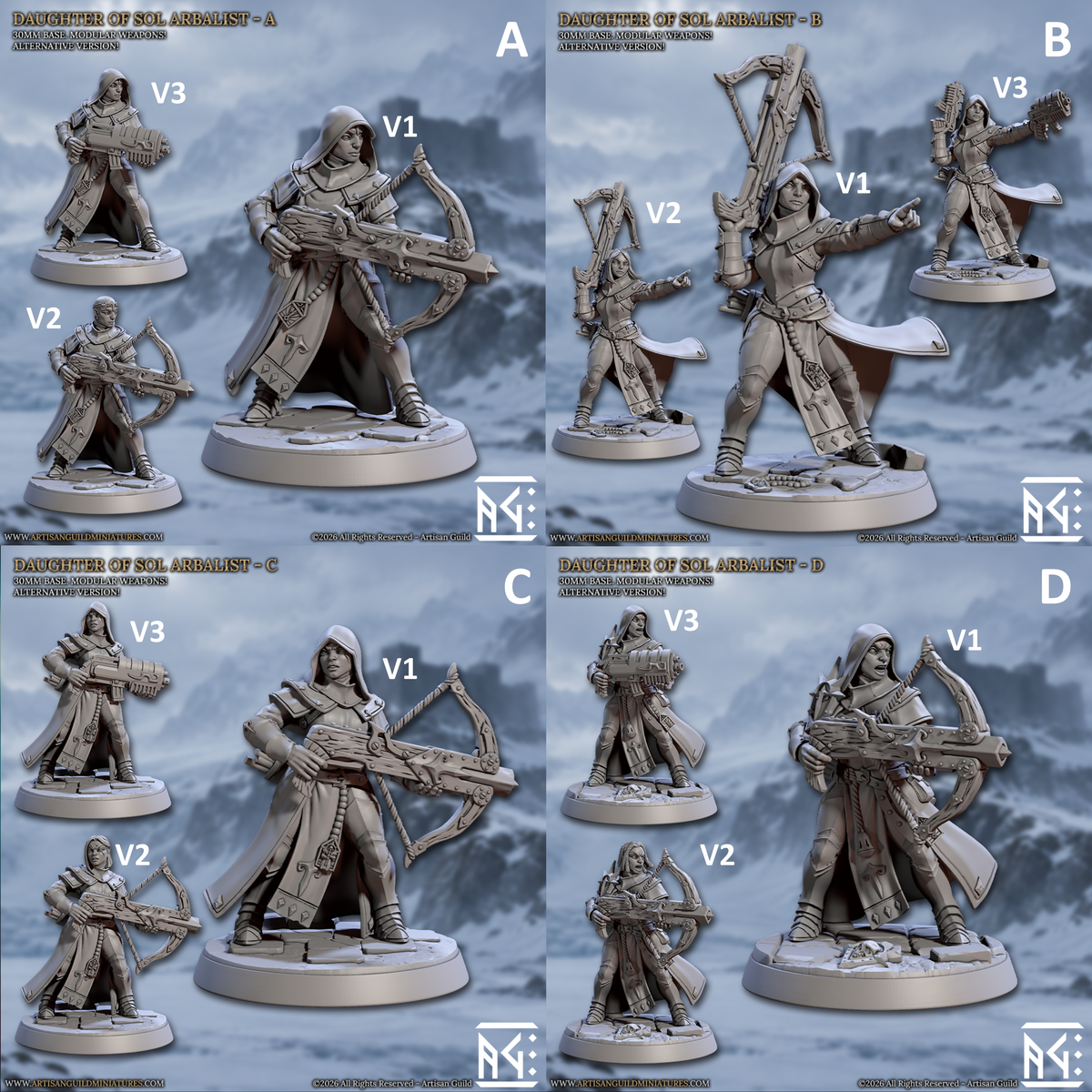 Daughters of Sol Arbalist A bis D mit V1, V2 und V3, Miniaturen von Artisan Guild – Einzelfiguren